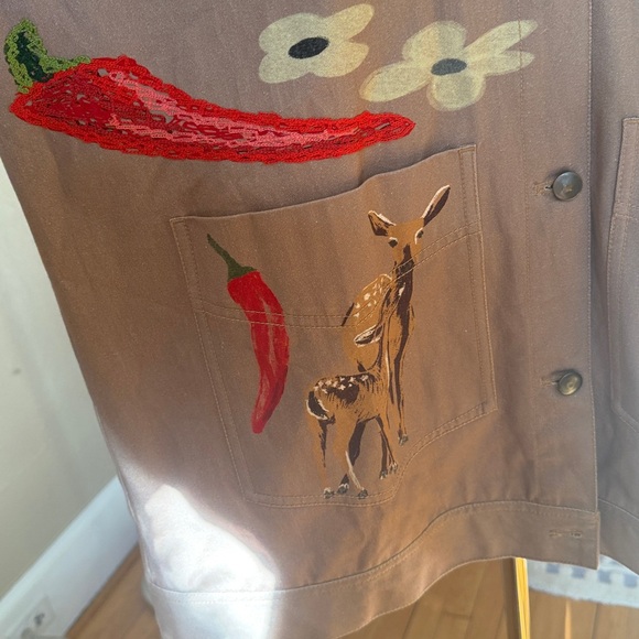 Free People S Charm Me Chore Jacket Tan Denim Embroidered Doodles Birds - Picture 5 of 12
